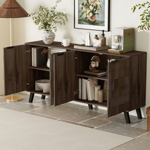 Buffet Moderne 160.5x35.5x78cm, 4 Portes, Poignées Noir Mat, Marron