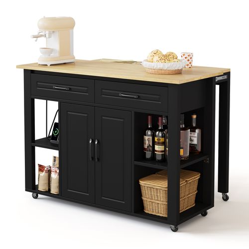 Îlot De Cuisine Extensible 120x77x93 Cm Avec 2 Tiroirs, 2 Portes, Roulettes, Étagères, En Mdf, Noir