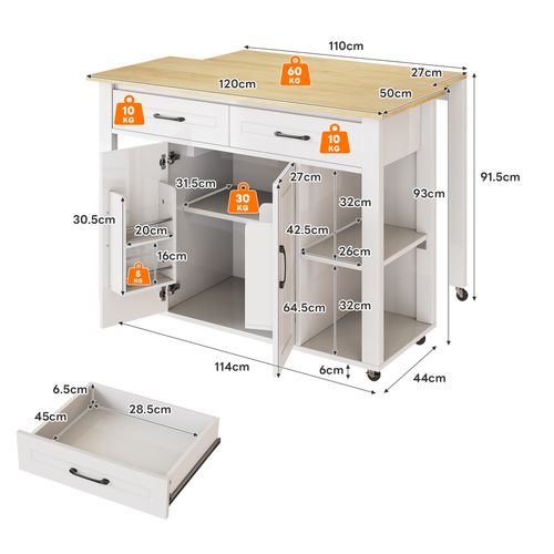 Îlot De Cuisine Extensible 120x77x93 Cm Avec 2 Tiroirs, 2 Portes, Roulettes, Étagères, Mdf, Blanc