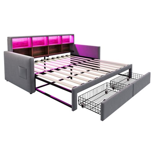 Lit Gigogne 90x190 Cm, Lit Simple Avec USB/type-c, LED Et 2 Tiroirs, Velours, Gris