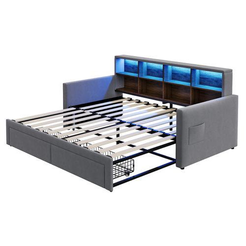 Lit Gigogne 90x190 Cm, Lit Simple Avec USB/type-c, LED Et 2 Tiroirs, Velours, Gris