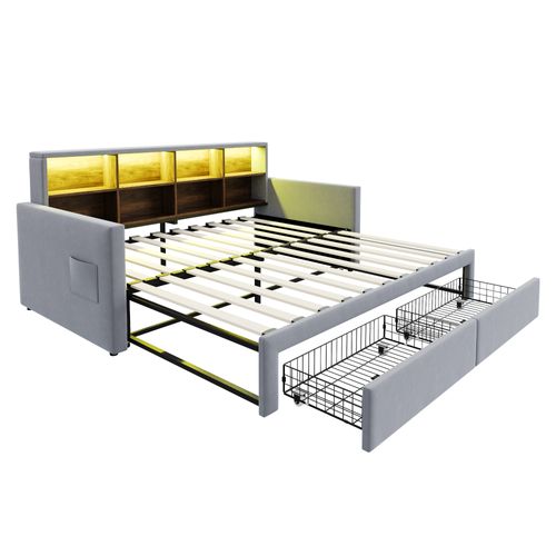 Lit Gigogne 90x190 Cm, Lit Simple Avec USB/type-c, LED Et 2 Tiroirs, Velours, Gris Clair