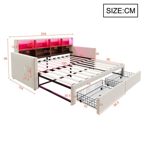 Lit Gigogne 90x190 Cm, Lit Simple Avec USB/type-c, LED Et 2 Tiroirs, Velours, Beige