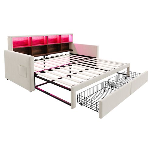 Lit Gigogne 90x190 Cm, Lit Simple Avec USB/type-c, LED Et 2 Tiroirs, Velours, Beige