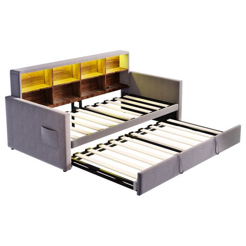 Lit Gigogne 90x190 Cm, Lit Simple Avec USB/type-c, LED Et Rangement, Velours, Gris