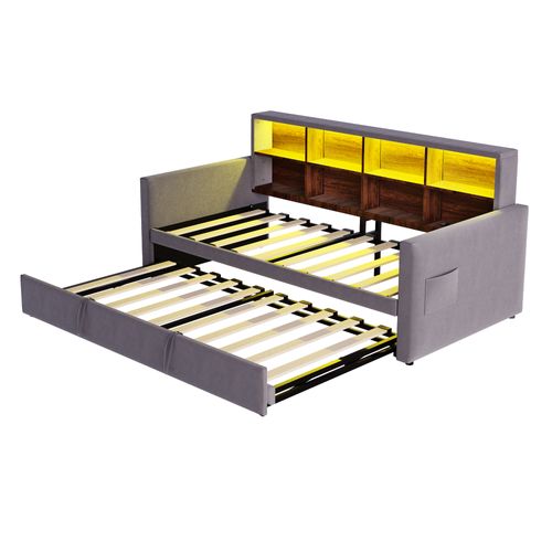 Lit Gigogne 90x190 Cm, Lit Simple Avec USB/type-c, LED Et Rangement, Velours, Gris