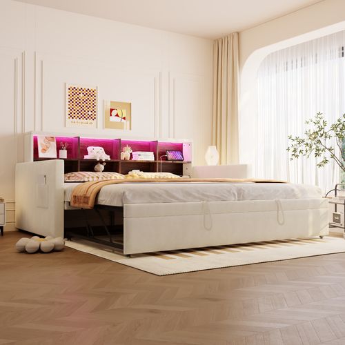 Lit Gigogne 90x190 Cm, Lit Simple Avec USB/type-c, LED Et Rangement, Velours, Beige