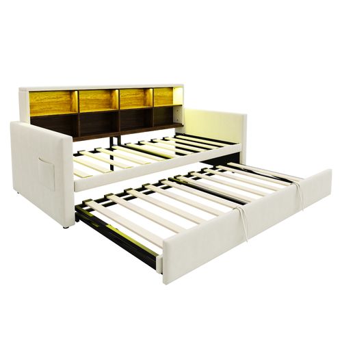 Lit Gigogne 90x190 Cm, Lit Simple Avec USB/type-c, LED Et Rangement, Velours, Beige