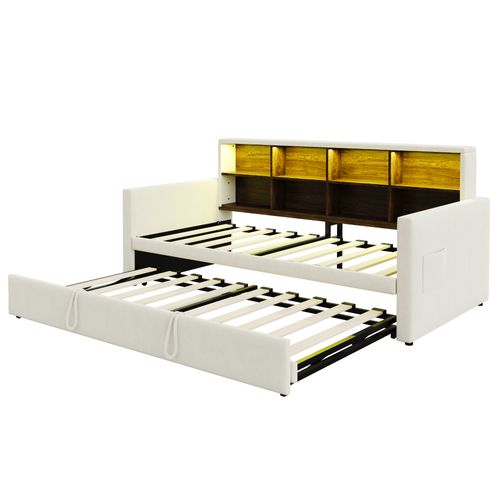 Lit Gigogne 90x190 Cm, Lit Simple Avec USB/type-c, LED Et Rangement, Velours, Beige