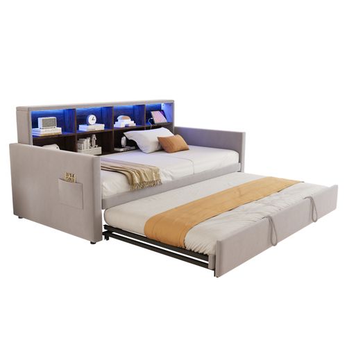 Lit Gigogne 90x190 Cm, Lit Simple Avec USB/type-c, LED Et Rangement, Velours, Gris Clair