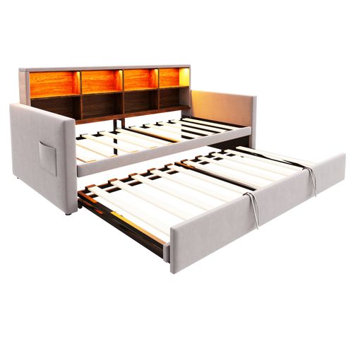 Lit Gigogne 90x190 Cm, Lit Simple Avec USB/type-c, LED Et Rangement, Velours, Gris Clair