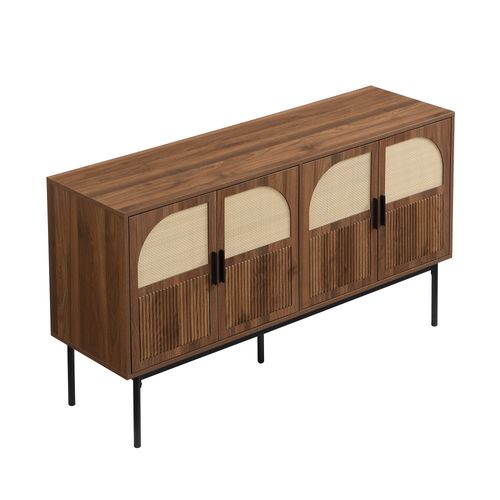 Buffet 4 Portes 140x80x40 Cm Style Rétro Rotin/noyer, Pieds Acier, Mdf, Couleur Naturelle