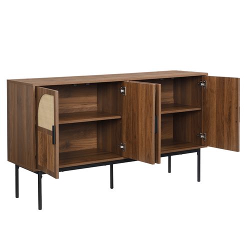 Buffet 4 Portes 140x80x40 Cm Style Rétro Rotin/noyer, Pieds Acier, Mdf, Couleur Naturelle