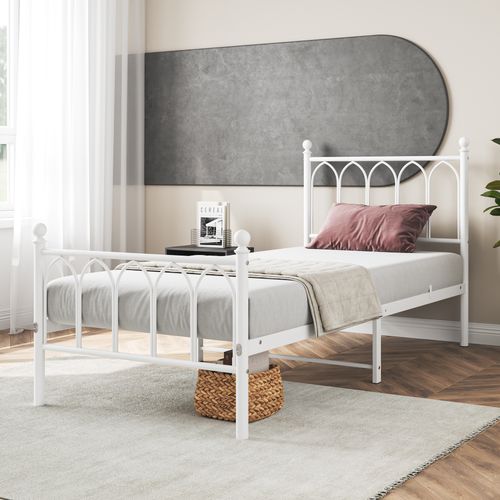 Lit Enfant 90x200 Cm, Lit Simple Avec Tête Et Pied De Lit Vintage, Métal, Blanc