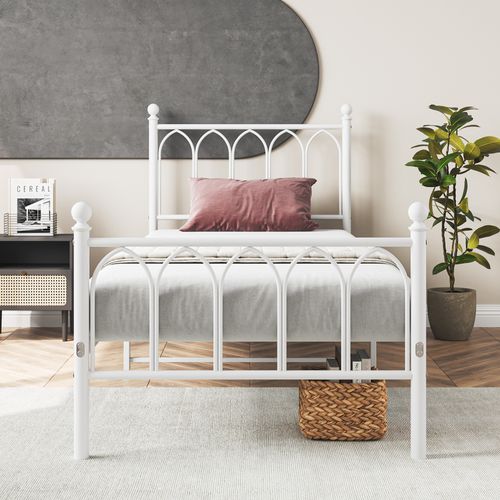 Lit Enfant 90x200 Cm, Lit Simple Avec Tête Et Pied De Lit Vintage, Métal, Blanc