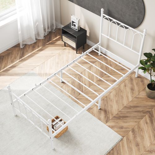 Lit Enfant 90x200 Cm, Lit Simple Avec Tête Et Pied De Lit Vintage, Métal, Blanc