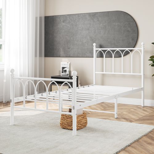 Lit Enfant 90x200 Cm, Lit Simple Avec Tête Et Pied De Lit Vintage, Métal, Blanc