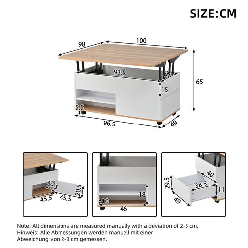 Table Basse Relevable 100x98x65 Cm Avec Porte, Tiroir Et Roulettes, Panneaux Particules, Blanc