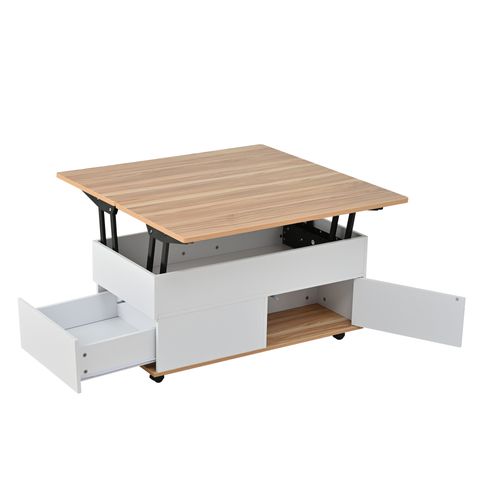 Table Basse Relevable 100x98x65 Cm Avec Porte, Tiroir Et Roulettes, Panneaux Particules, Blanc