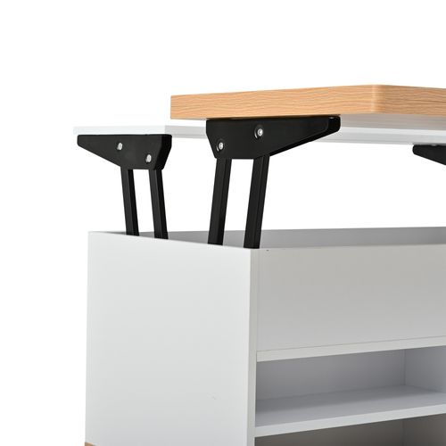 Table Basse Relevable 100x98x65 Cm Avec Porte, Tiroir Et Roulettes, Panneaux Particules, Blanc