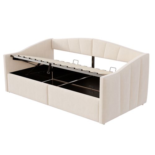 Lit Coffre Enfant 90x200 Cm Avec Espace De Rangement Hydraulique, Sommier, En Velours, Beige