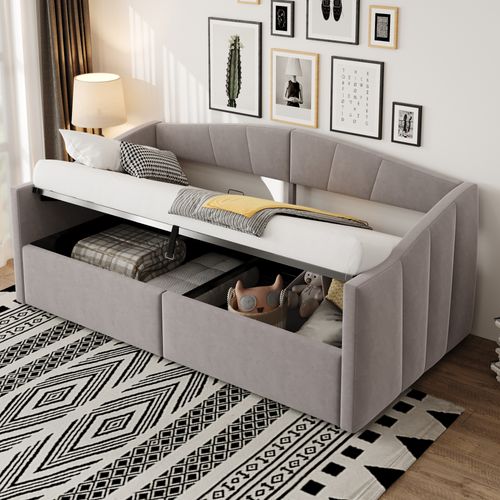 Lit Coffre Enfant 90x200 Cm Avec Espace De Rangement Hydraulique, Sommier, En Velours, Gris Clair