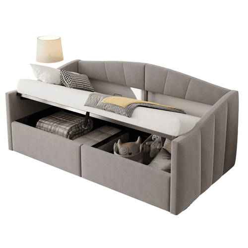 Lit Coffre Enfant 90x200 Cm Avec Espace De Rangement Hydraulique, Sommier, En Velours, Gris Clair