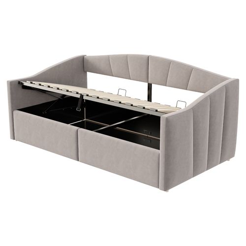 Lit Coffre Enfant 90x200 Cm Avec Espace De Rangement Hydraulique, Sommier, En Velours, Gris Clair
