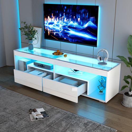 Meuble TV LED 180x40x46 Cm 2 Tiroirs, Façade Brillant Et Plateau Verre, Panneaux Particules, Blanc