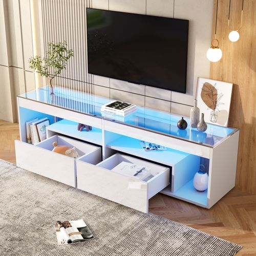 Meuble TV LED 180x40x46 Cm 2 Tiroirs, Façade Brillant Et Plateau Verre, Panneaux Particules, Blanc