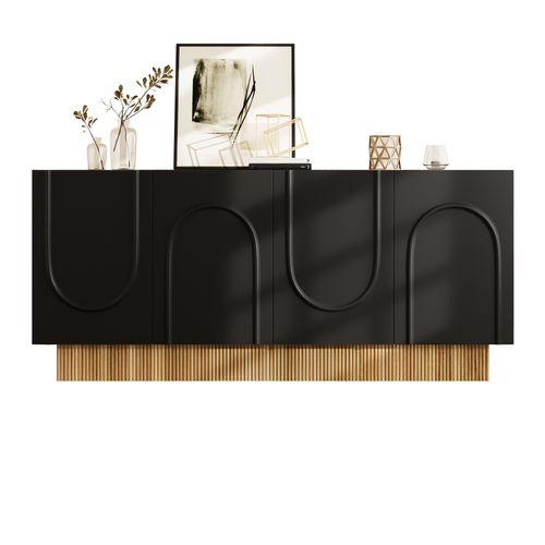 Buffet 4 Portes 160x75x38 Cm - Grand Rangement - Panneaux Particule Noir/bois - Design U Relief
