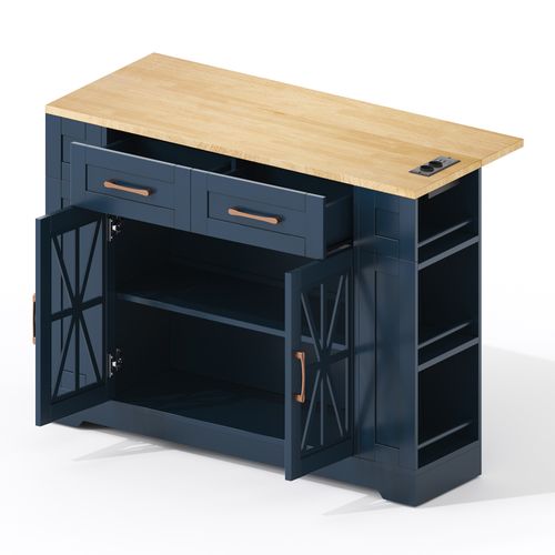 Îlot De Cuisine 120x65x92 Cm Avec 2 Tiroirs, 2 Portes, Roulettes, Rangement, USB, En Mdf, Bleu
