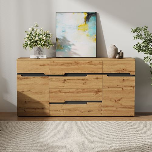 Buffet De Salon 160x40x80 Cm Avec 2 Portes, 4 Tiroirs, En Mdf, Couleur Bois