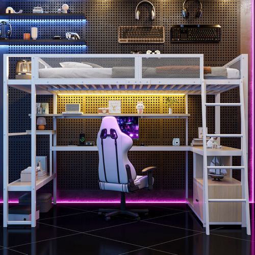 Lit Mezzanine 140x200 Cm Avec Bureau, Éclairage LED, Grand Espace De Rangement, En Métal, Blanc