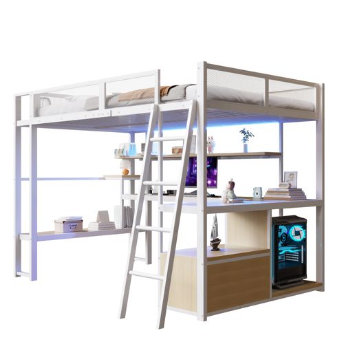 Lit Mezzanine 140x200 Cm Avec Bureau, Éclairage LED, Grand Espace De Rangement, En Métal, Blanc