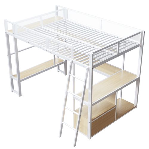 Lit Mezzanine 140x200 Cm Avec Bureau, Éclairage LED, Grand Espace De Rangement, En Métal, Blanc