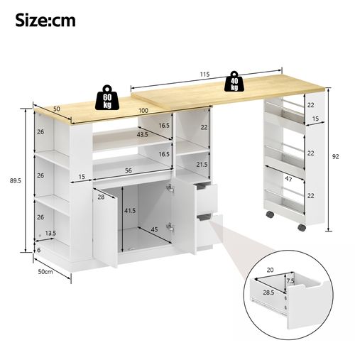 Îlot De Cuisine Extensible 115x50x92 Cm Avec 2 Tiroirs, 2 Portes, Roulettes, Rangement, Mdf, Blanc