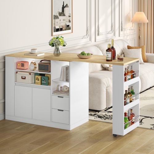 Îlot De Cuisine Extensible 115x50x92 Cm Avec 2 Tiroirs, 2 Portes, Roulettes, Rangement, Mdf, Blanc