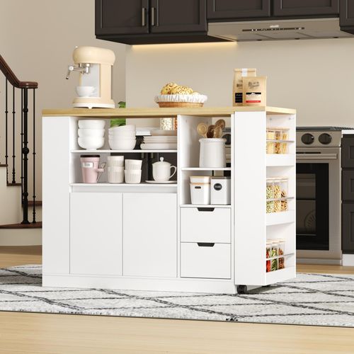 Îlot De Cuisine Extensible 115x50x92 Cm Avec 2 Tiroirs, 2 Portes, Roulettes, Rangement, Mdf, Blanc