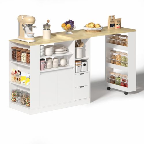 Îlot De Cuisine Extensible 115x50x92 Cm Avec 2 Tiroirs, 2 Portes, Roulettes, Rangement, Mdf, Blanc