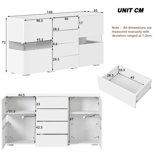 Buffet 140x35x72 Cm Avec 2 Portes, 4 Tiroirs, LED, Espace De Rangement, En Mdf, Blanc
