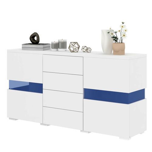 Buffet 140x35x72 Cm Avec 2 Portes, 4 Tiroirs, LED, Espace De Rangement, En Mdf, Blanc