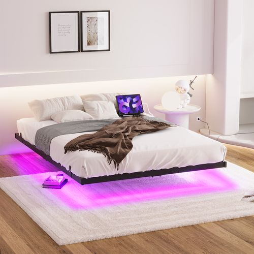 Lit Enfant 120x200 Cm Avec LED Et USB, Cadre De Lit Flottant, Métal, Noir