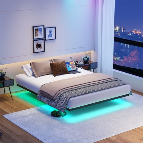 Lit Enfant 120x200 Cm Avec LED Et USB, Cadre De Lit Flottant, Métal, Noir
