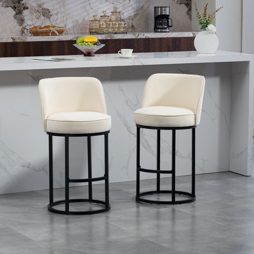 Lot De 2 Tabourets De Bar Avec Pieds En Métal Noirs, Dossier Ergonomique, En Lin, Beige