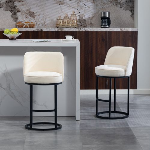 Lot De 2 Tabourets De Bar Avec Pieds En Métal Noirs, Dossier Ergonomique, En Lin, Beige