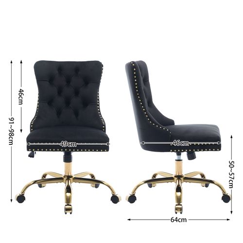 Chaise De Bureau Moderne Avec Base Métallique Dorée, Réglable Et Pivotante, Velours, Noir