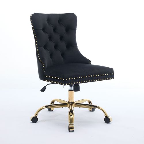 Chaise De Bureau Moderne Avec Base Métallique Dorée, Réglable Et Pivotante, Velours, Noir