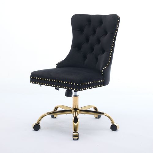 Chaise De Bureau Moderne Avec Base Métallique Dorée, Réglable Et Pivotante, Velours, Noir
