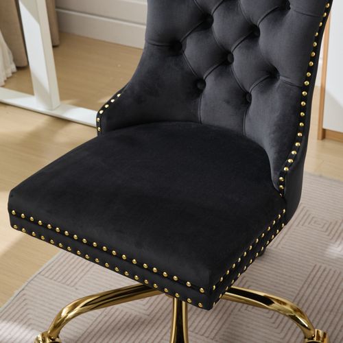 Chaise De Bureau Moderne Avec Base Métallique Dorée, Réglable Et Pivotante, Velours, Noir